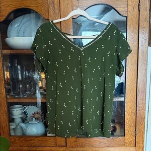 West Kei Olive V-Neck Blouse with White Pattern